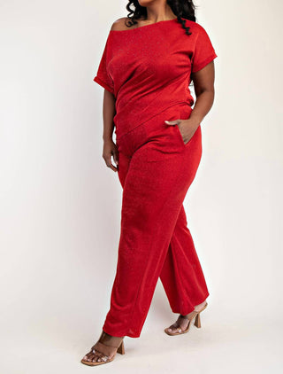 The Curve La - Plus Size Glitter Knit Short Sleeve Top And Wide Leg Pants Set