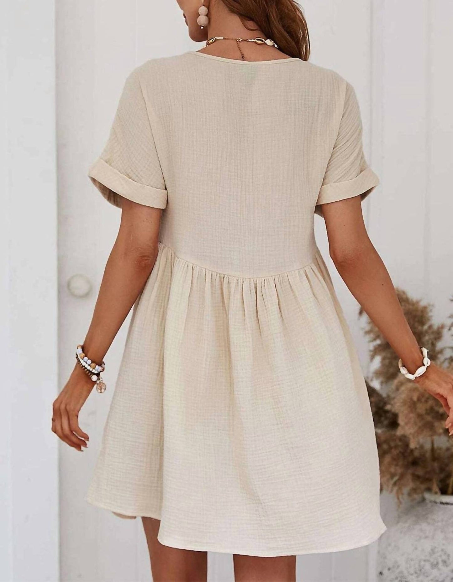 Full Time Purchase - Folded Short Sleeve Lace V Neck Mini Dress