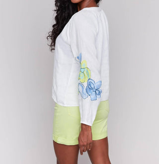Charlie B - Cotton-linen Button Front Blouse With Embroidery