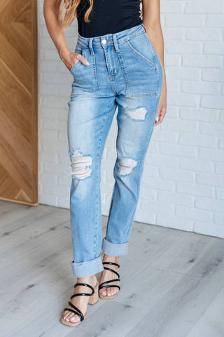 Judy Blue - High Rise Patch Pocket Distressed Boyfriend Jeans