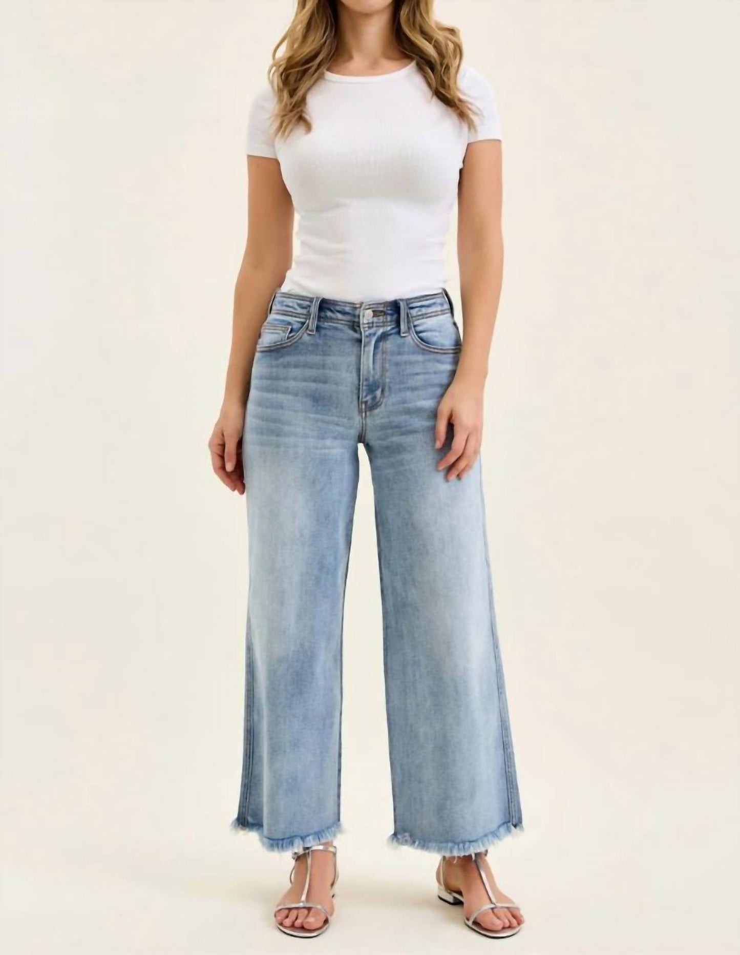 Judy Blue - Ankle Hollywood Waistband Fray Hem Wide Leg Jeans