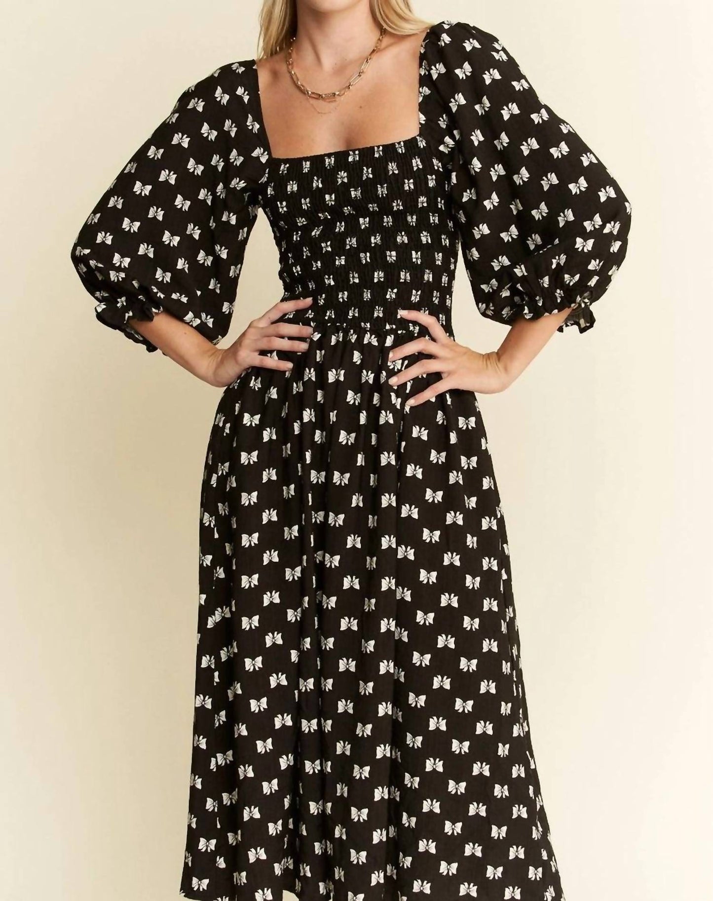 Jade By Jane - Ribbon Puff Sleeve Midi Dress