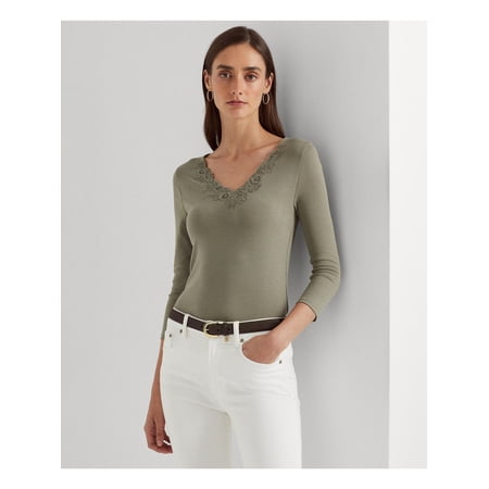 LAUREN RALPH LAUREN Womens Green Lace 3/4 Sleeve V Neck Top XL