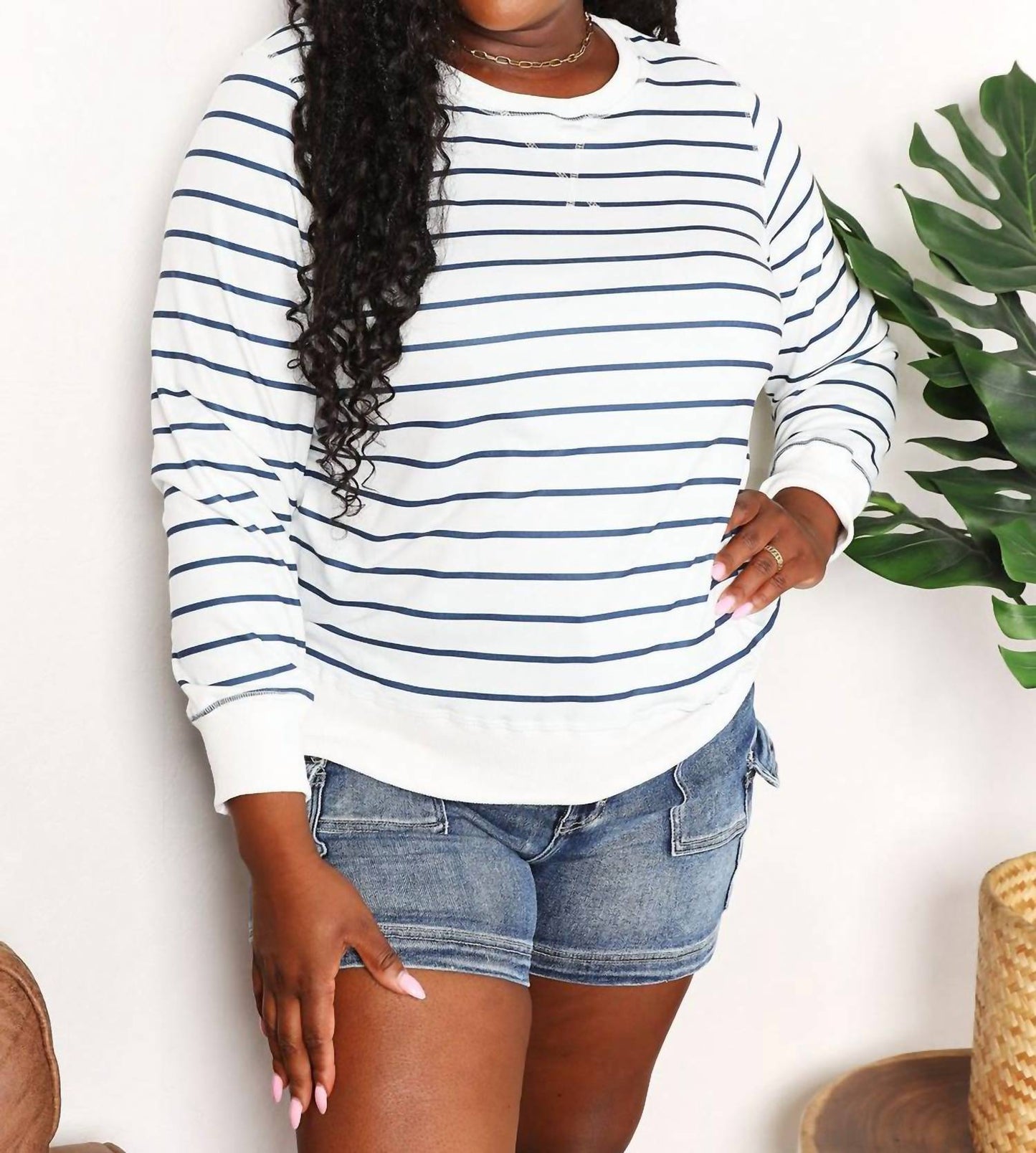 Double Take - Striped Long Sleeve Round Neck Top