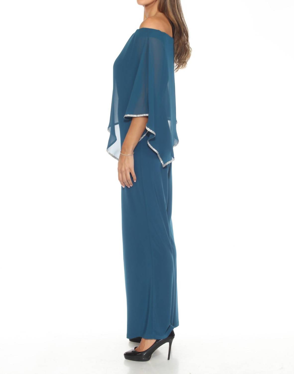 Joseph Ribkoff - Embellished Off-shoulder Chiffon Overlay Jumpsuit