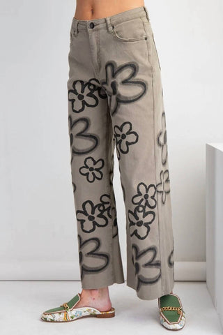 Easel - Flower Print Washed Wide Pants