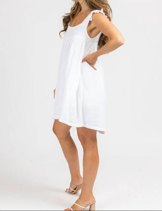 Olivaceous - LINEN RUFFLE STRAP MINI DRESS
