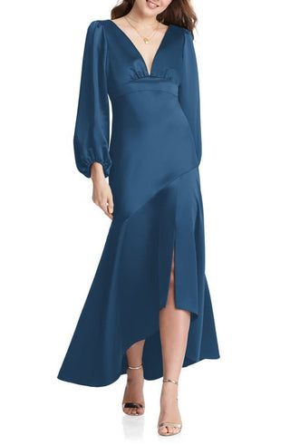 LOVELY Teagan Long Sleeve Charmeuse High/Low Dress in Dusk Blue, Size 14