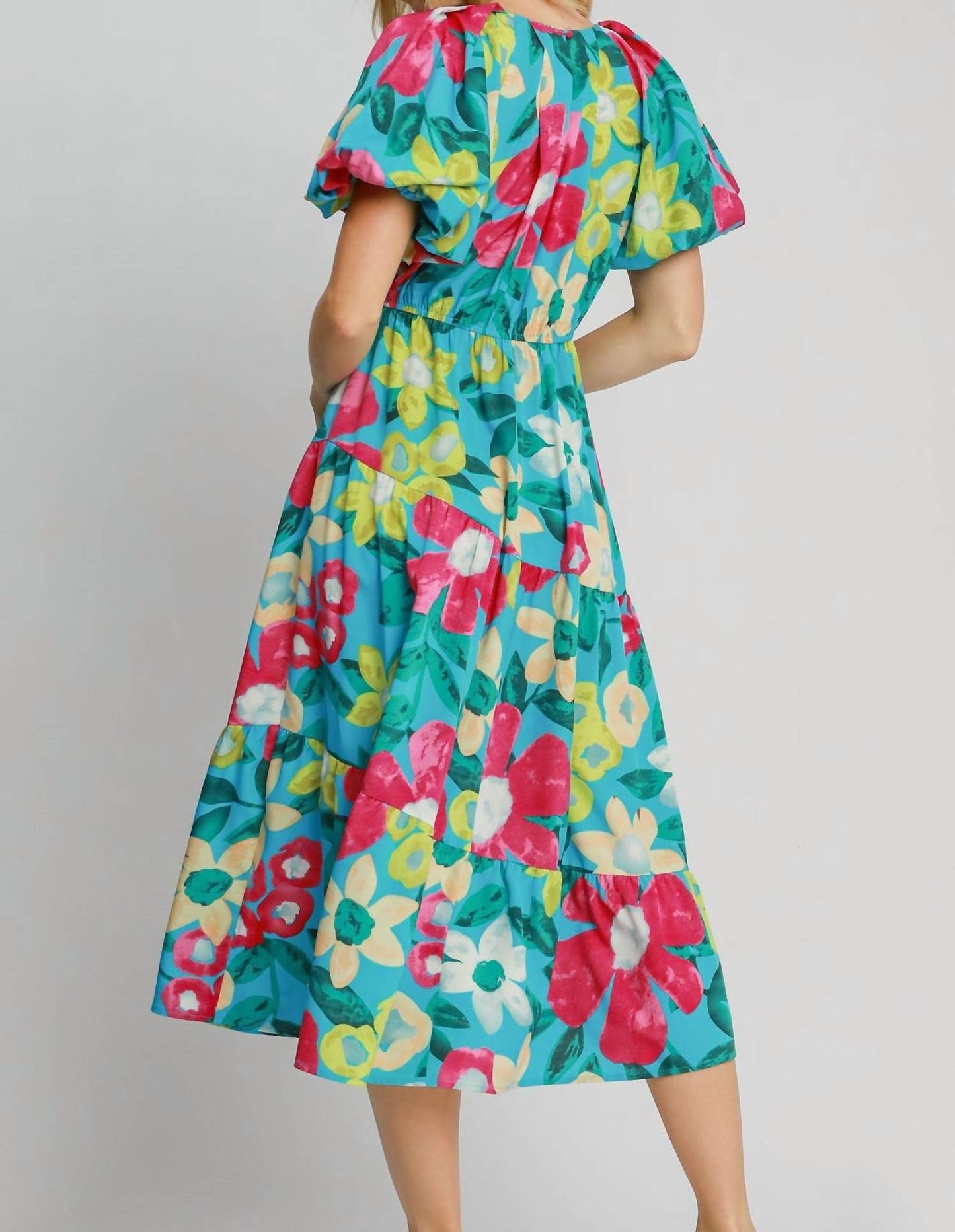 Trendsi - Umgee Full Size Tiered Floral Print Notched Puff Sleeve Midi Dress Plus Size