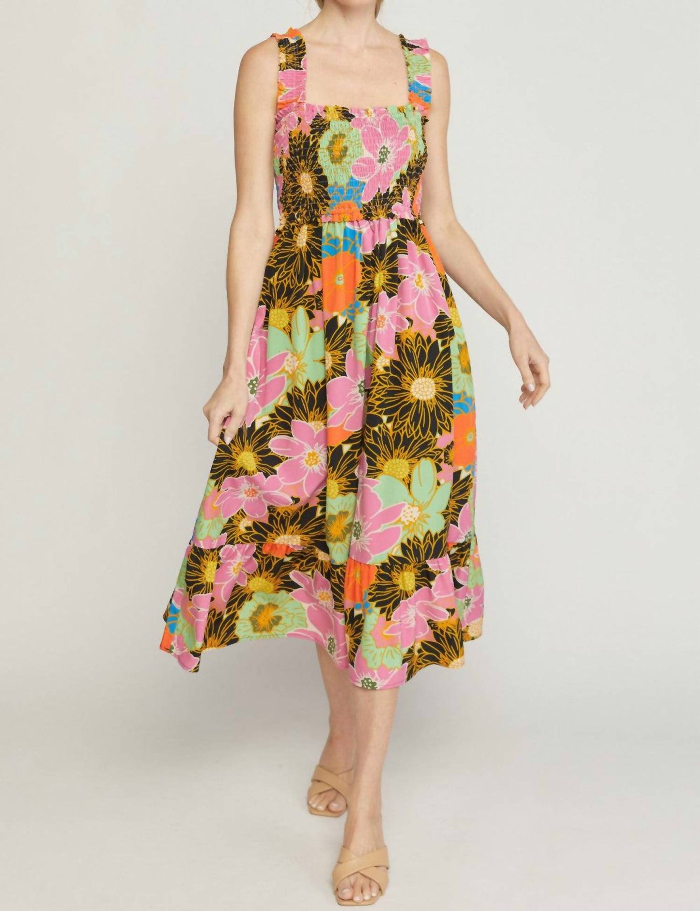 Entro - Floral Smocked Midi Dress