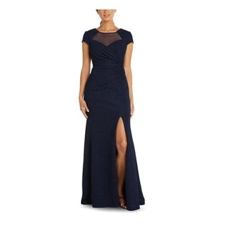 Women's Navy Slitted Glitter Full-Length Evening Gown - Size Petite (6P)