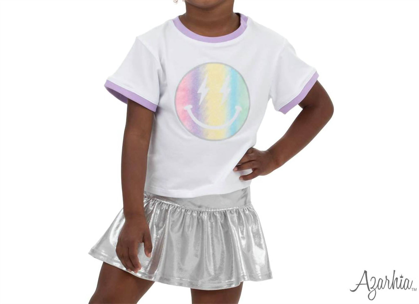 Azarhia - Girls Glitter Pastel Rainbow Smiley Ringer Boxy Tee