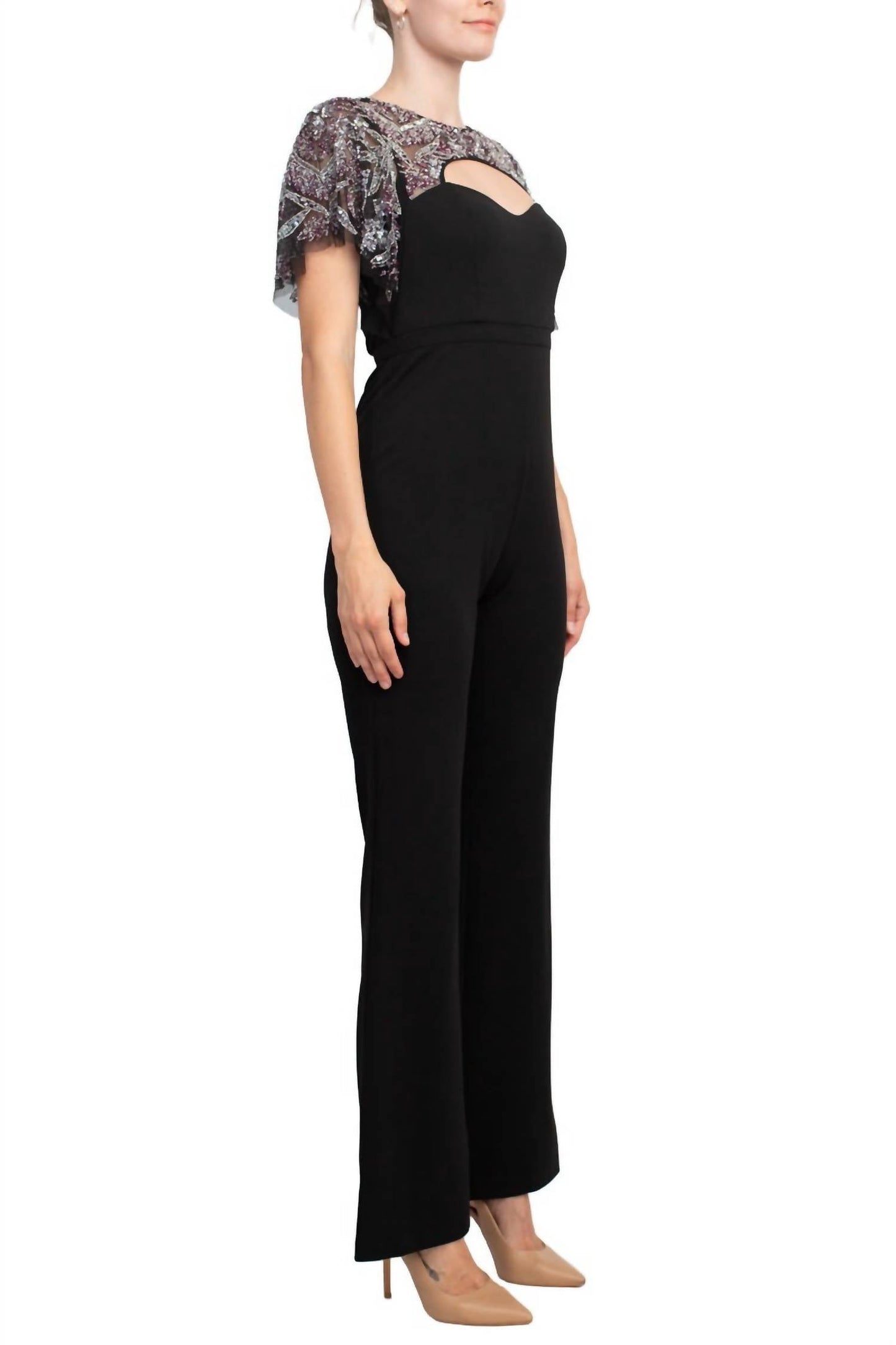 Aidan Mattox - Embellished Mesh Bodice Crepe Jumpsuit