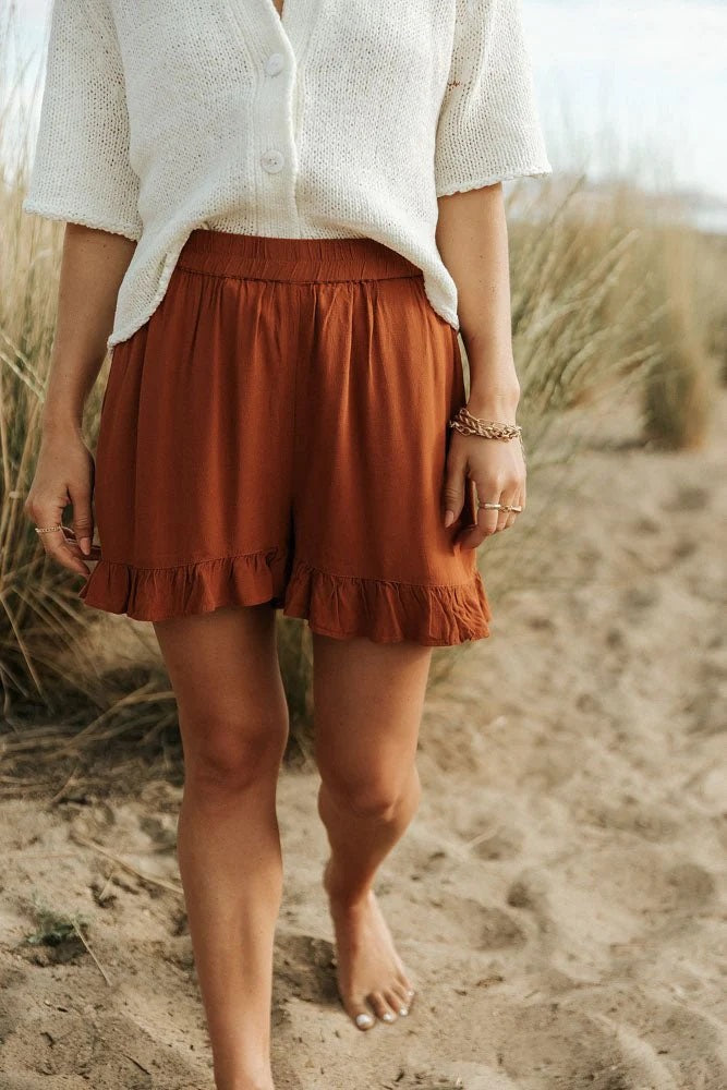 VERO MODA Women's Ruffle Hem Shorts Brown Size X-Small