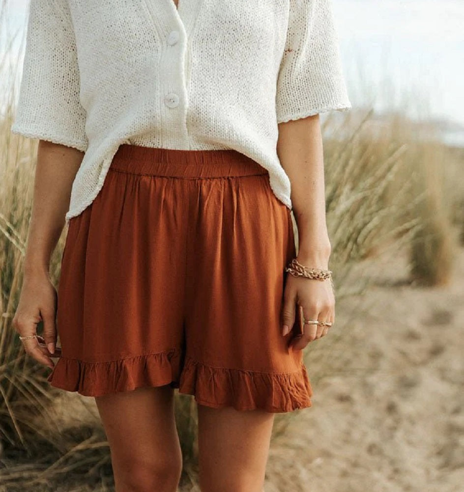 VERO MODA Women's Ruffle Hem Shorts Brown Size X-Small