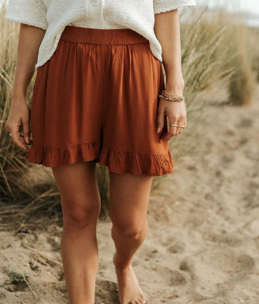 VERO MODA Women's Ruffle Hem Shorts Brown Size X-Small