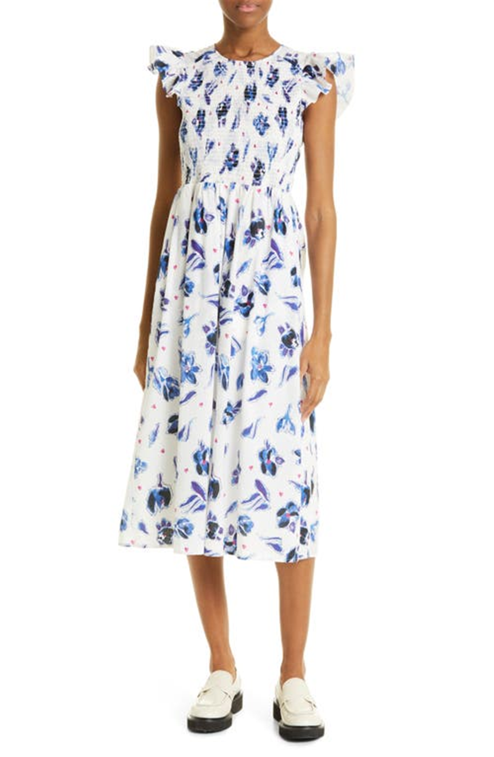 Baum Und Pferdgarten Admore Floral Print Smocked Organic Cotton Dress In Blue Tulip Size 8 Us
