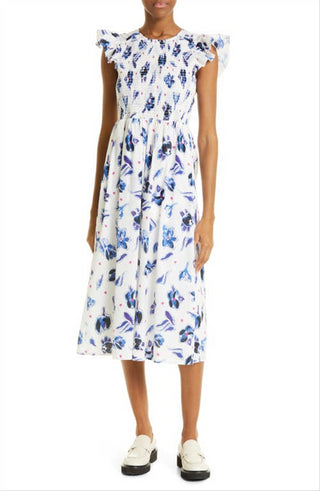 Baum Und Pferdgarten Admore Floral Print Smocked Organic Cotton Dress In Blue Tulip Size 8 Us