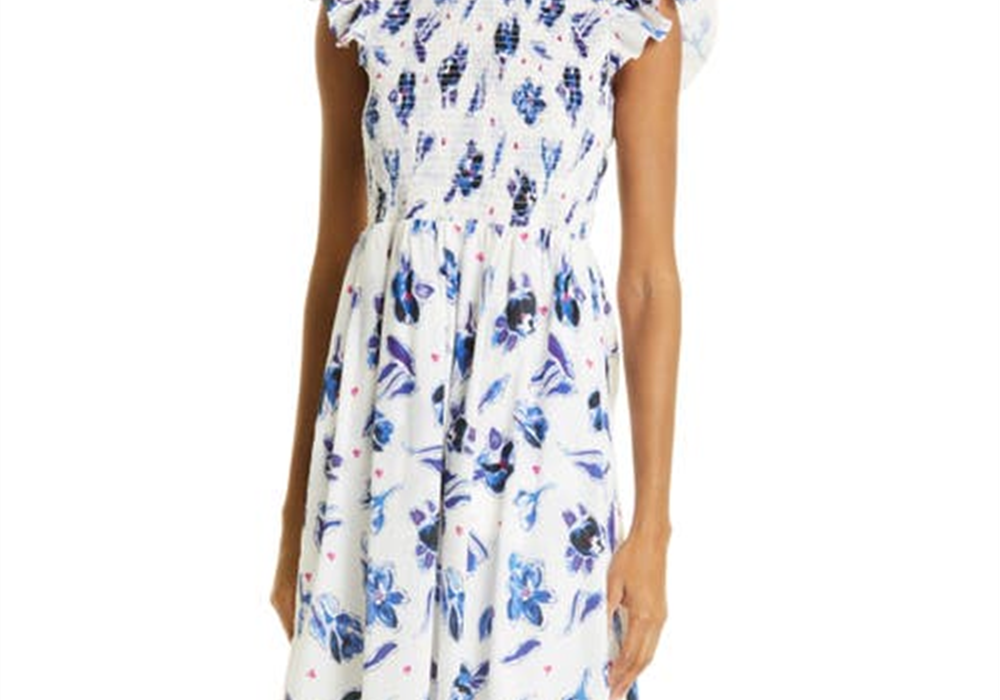 Baum Und Pferdgarten Admore Floral Print Smocked Organic Cotton Dress In Blue Tulip Size 8 Us