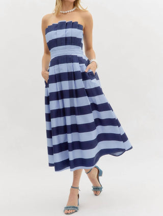 Entro - Stripe Print Strapless Pleated Midi Dress