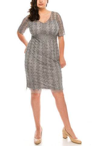 Adrianna Papell - Sequin Beaded Elbow Sleeved Cocktail Dress