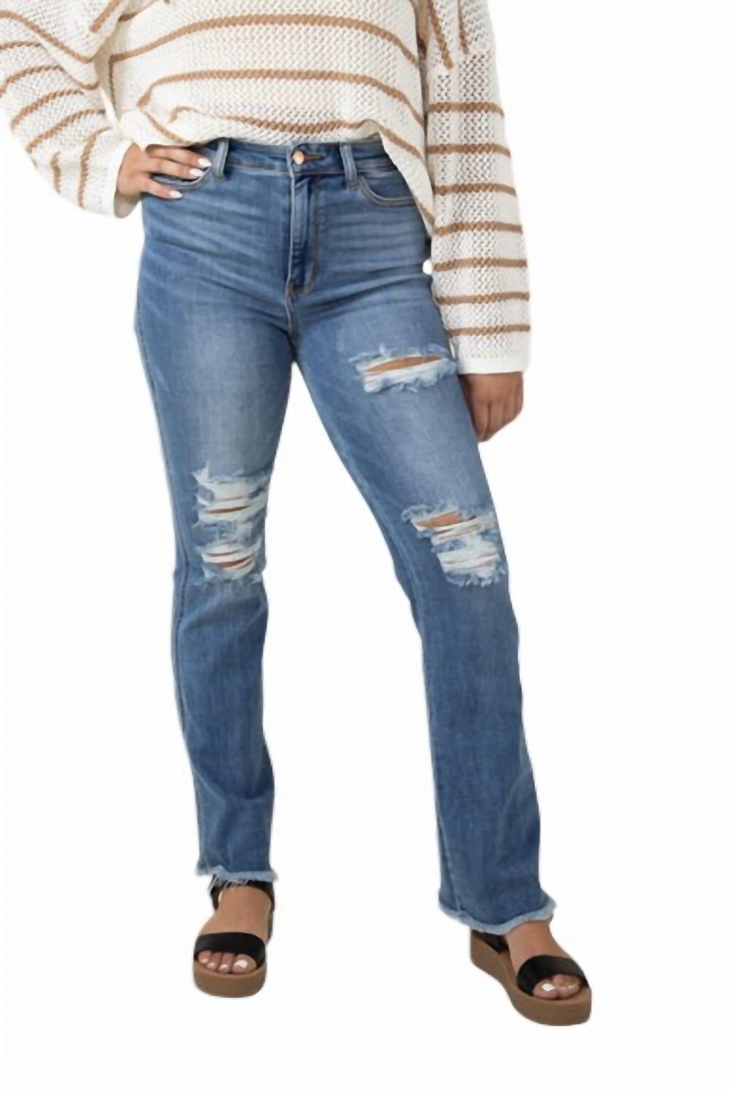Judy Blue - High Waist Distressed Fray Hem Bootcut Jeans