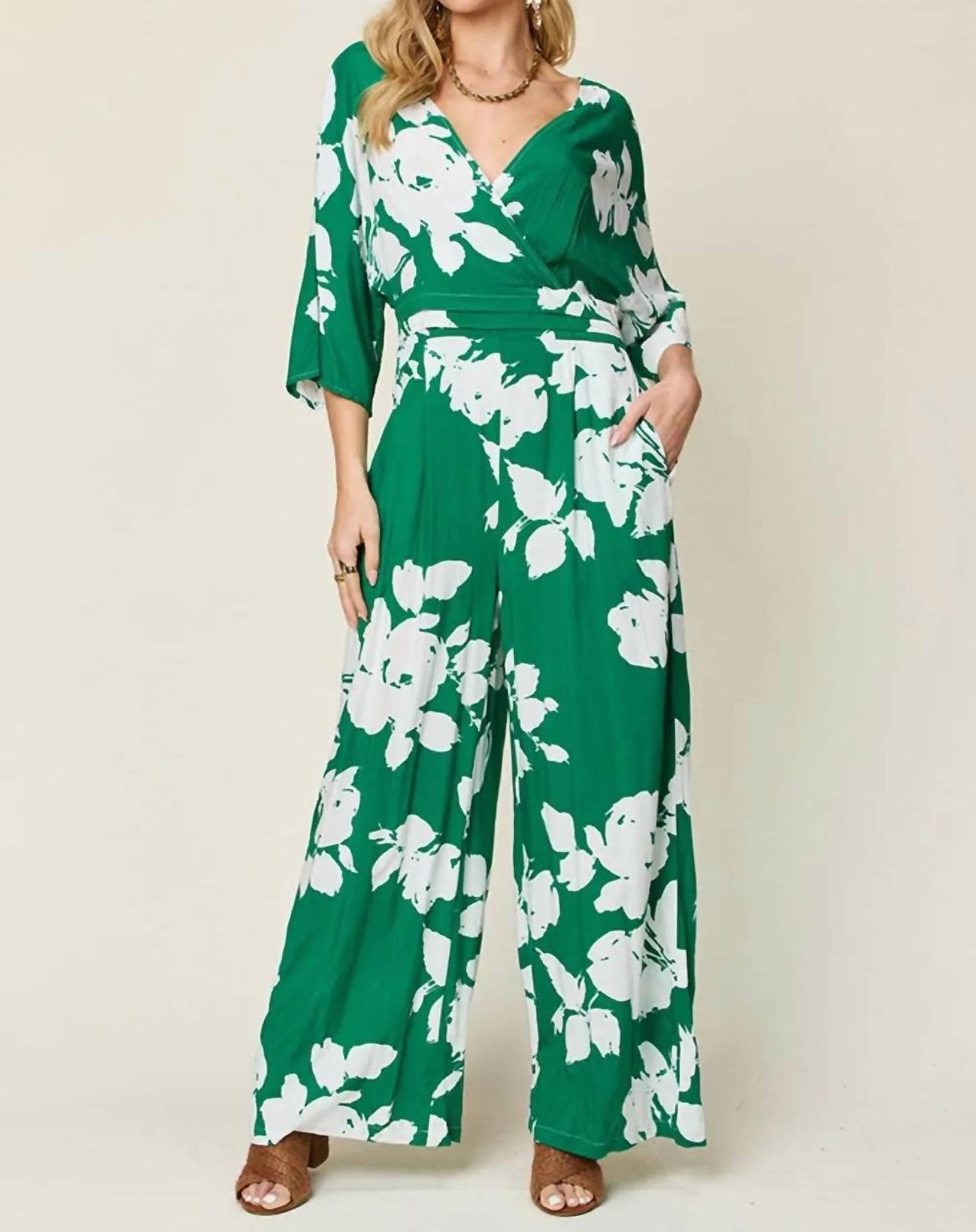 Double Take - Full Size Printed Tie Back Wide Leg Jumpsuit