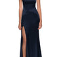 La Femme Side Slit Stretch Satin Gown in Navy  Size 2