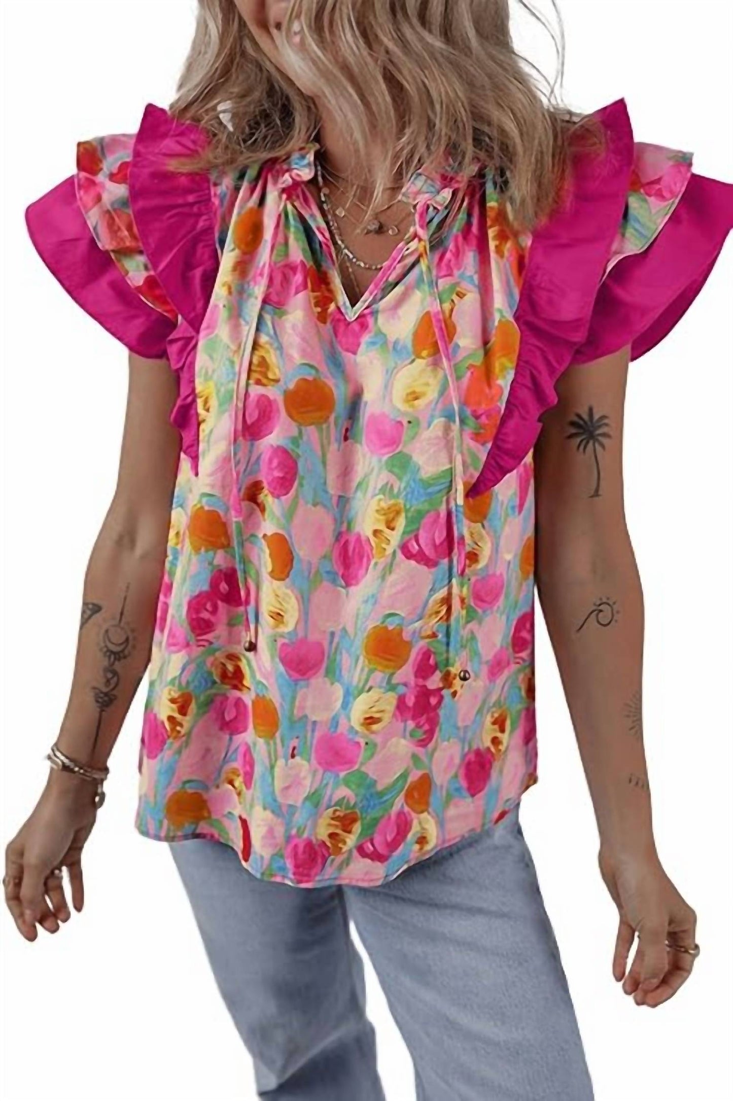 Entro - Floral Print Ruffle Sleeve Blouse