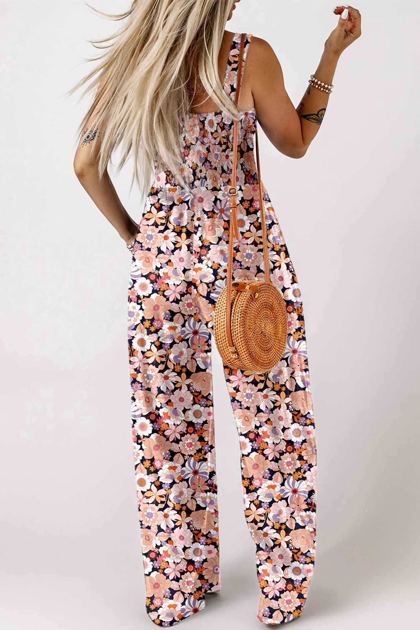 Aapparella - Floral Print Smocked High Waist Fashion Jumpsuit