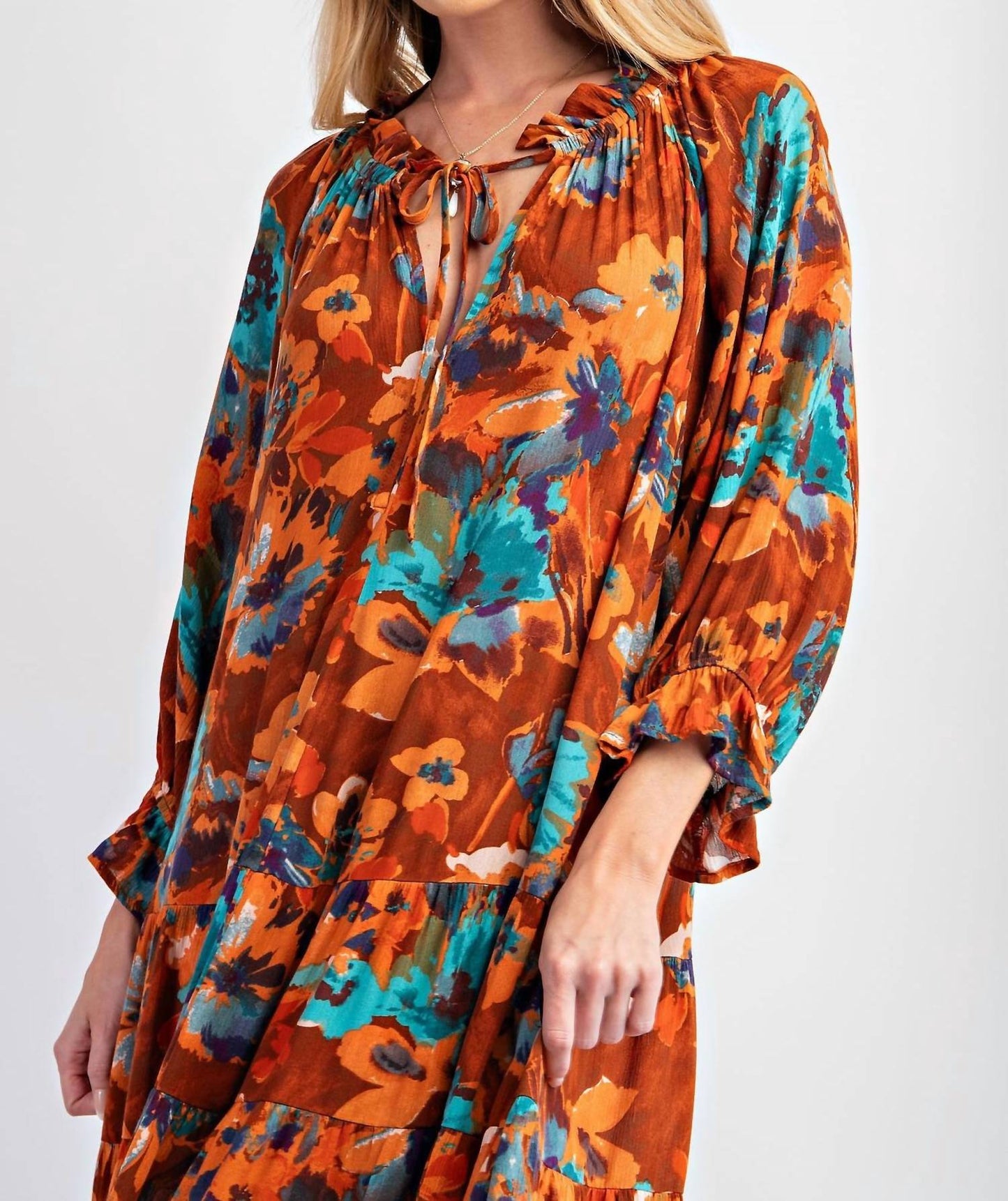 Easel - Fall Floral Print Ruffle Maxi Dress