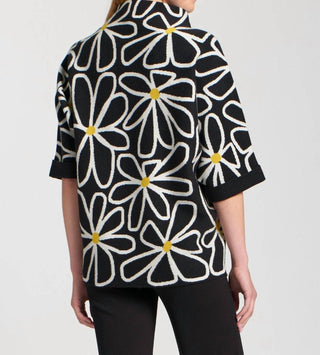 Apny - Whimsical Floral Sweater With Contrast Cuffs And Pockets