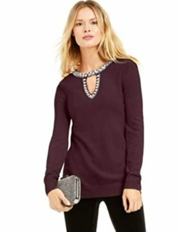 INC International Concepts Women's Embellished Keyhole Sweater Red Size X-Small