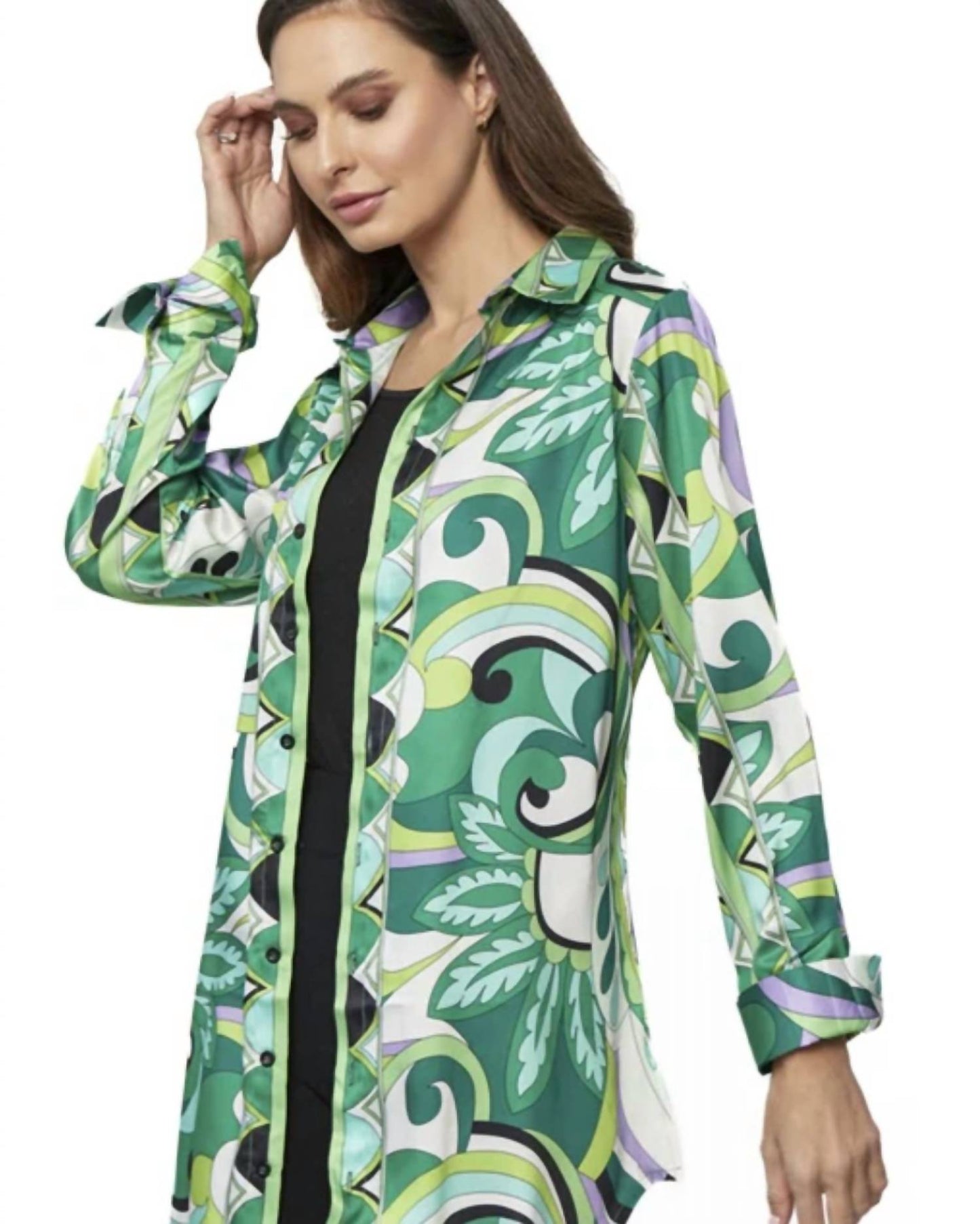 Adore - Button Down Satin Print Tunic Blouse