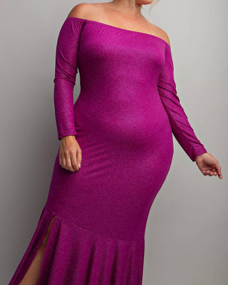 The Curve La - Plus Size Off Shoulder Metallic Knit Dress With Slit