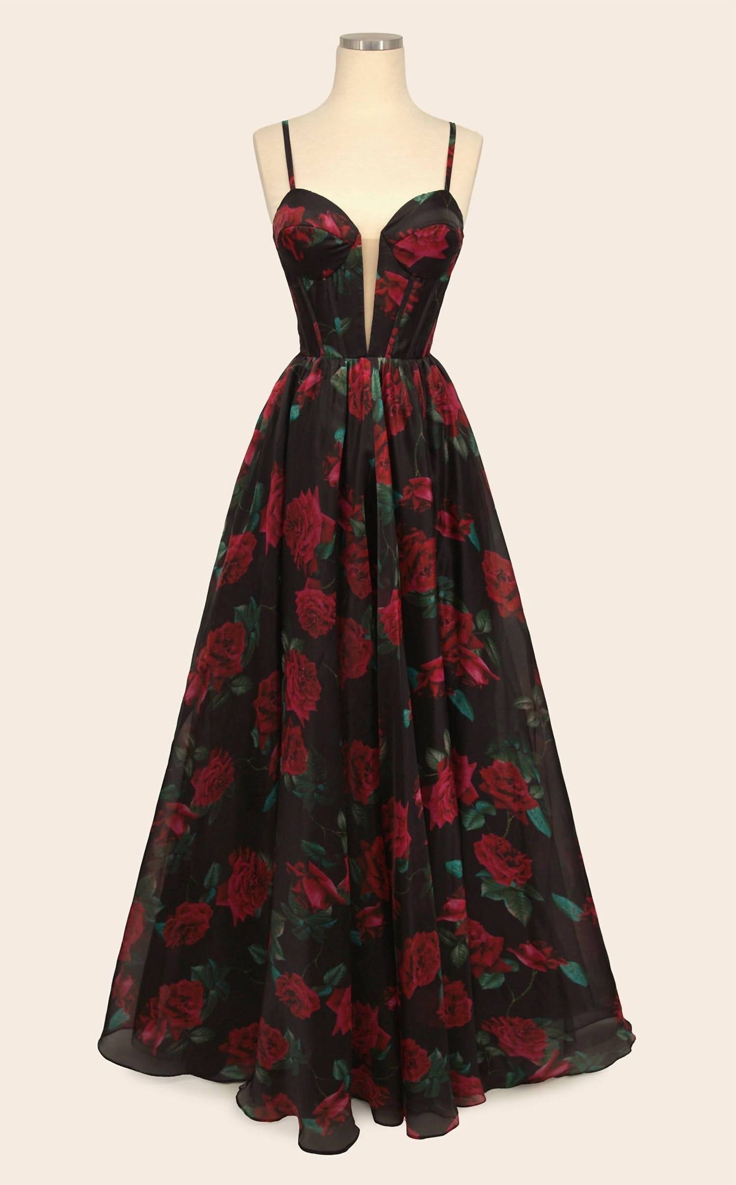 Andrea & Leo Couture - Women's Modern Plunging Neckline Long A-line Floral Dress