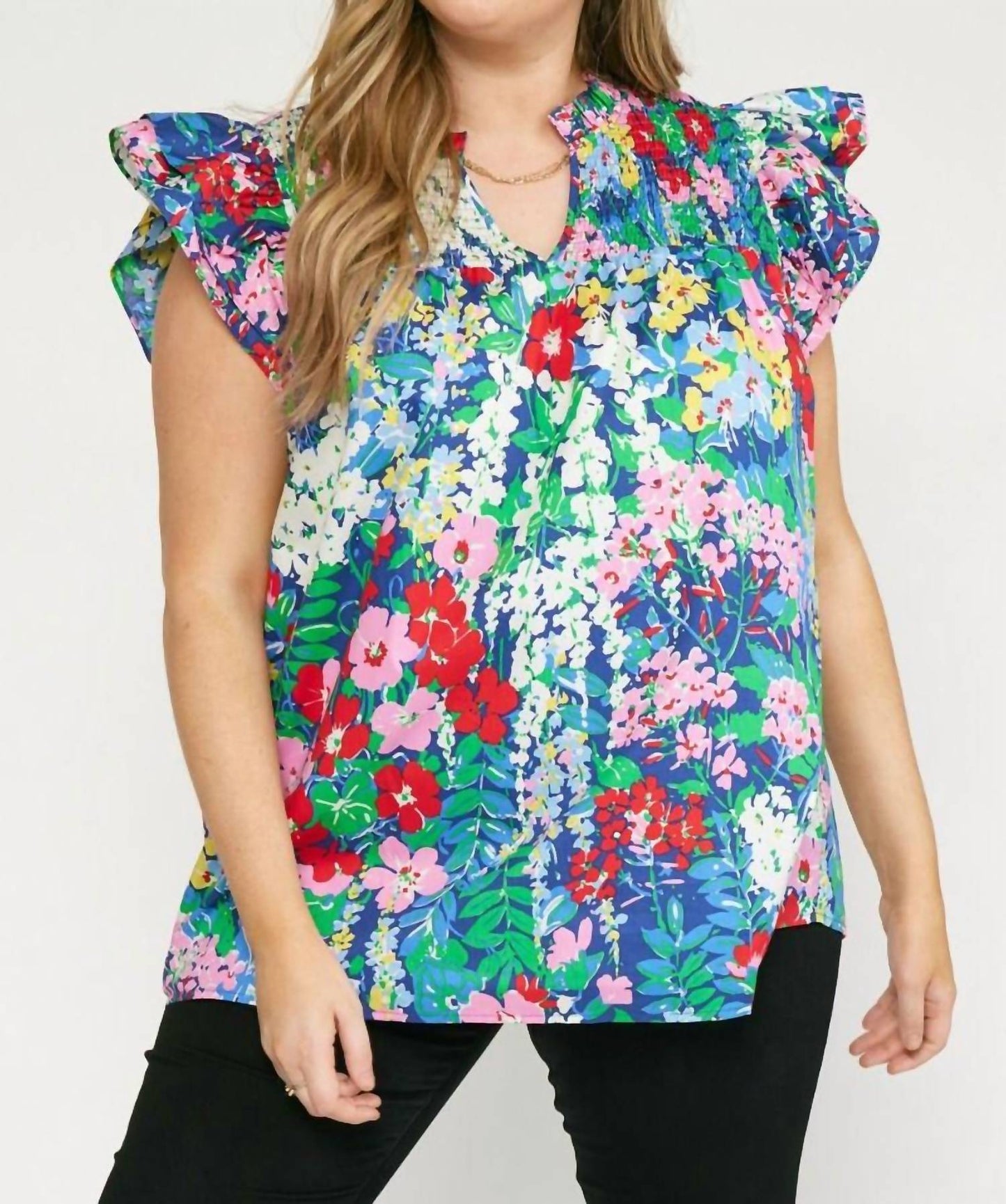 Entro - Floral Ruffle Sleeve Top - Plus