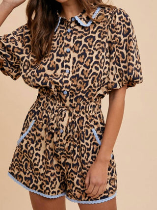 Anniewear - Lace Trimmed Leopard Print Button Down Romper