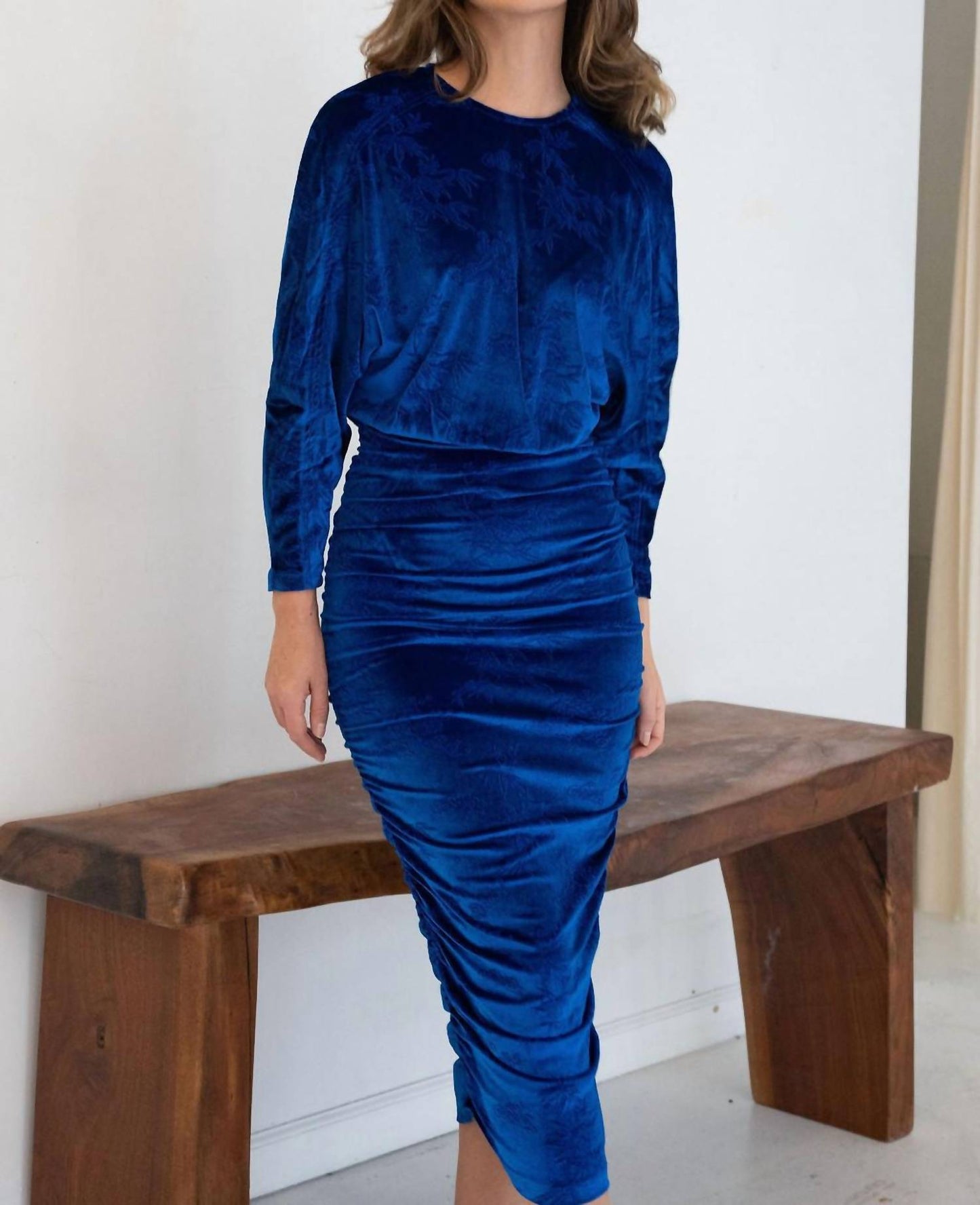 Mima Rosso - Embroidery Print Velvet Ruched Dress