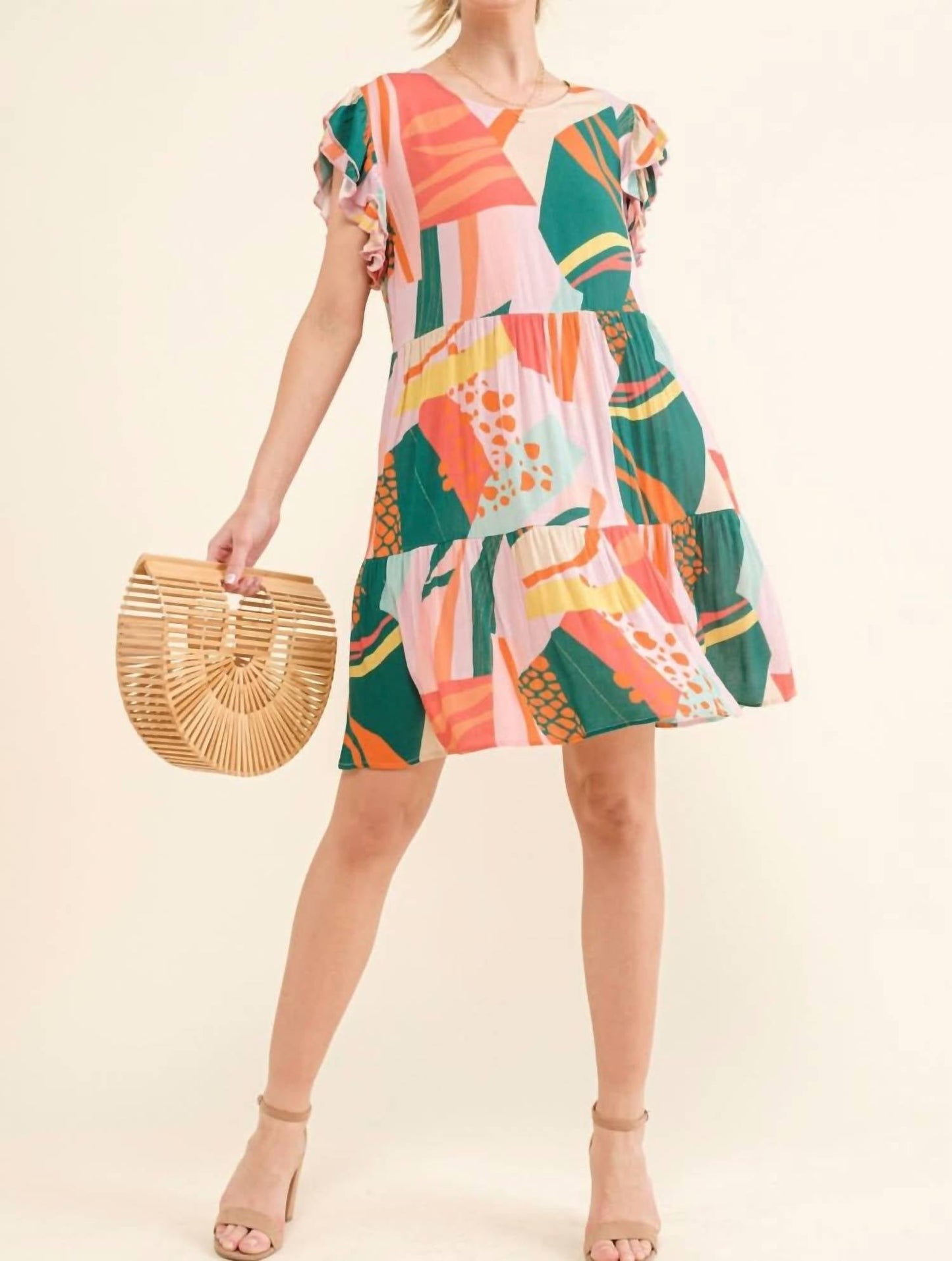 And The Why - Printed Double Ruffle Sleeve Dress