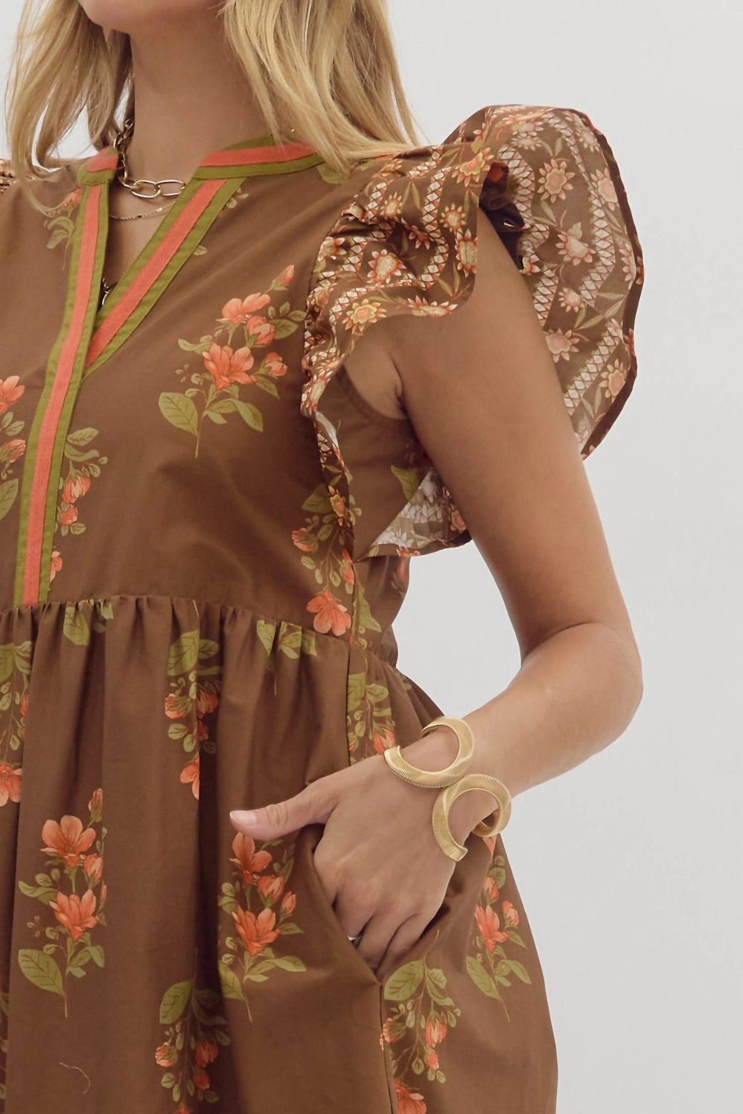 Entro - Split Neck Floral Framed Midi Dress