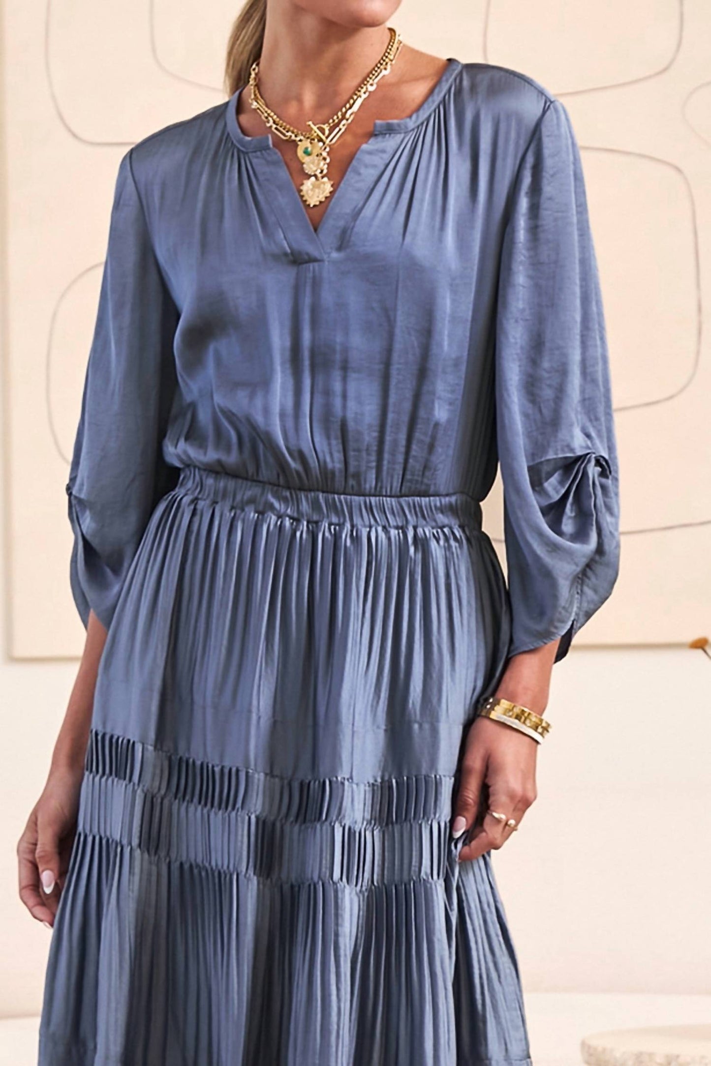 Current Air - Long Sleeve Split Neck Midi Dress With Pleated Skirt
