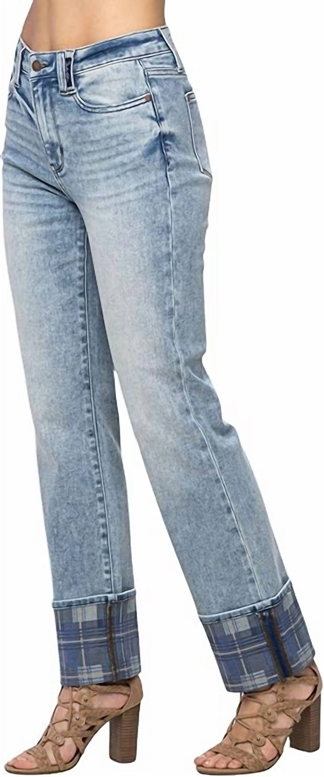 Judy Blue - High Rise Plaid Cuff Vintage Straight Jeans