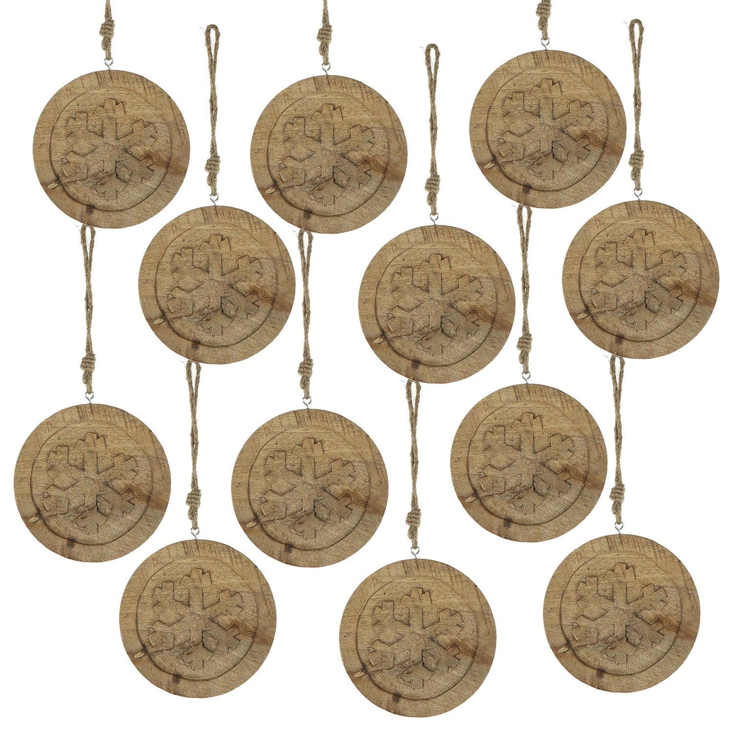 Wooden Hanging Circle With Snowflake Cut Christmas Ornaments (Set of 12)
