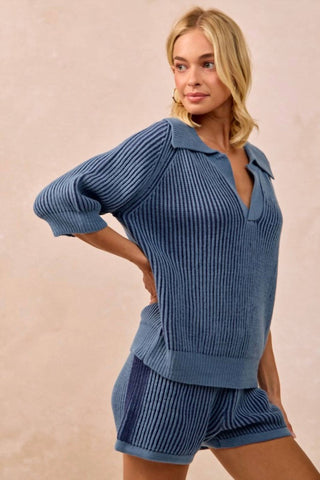 Bibi - Two Toned Textured Ribbed Sweater Top And Shorts Set