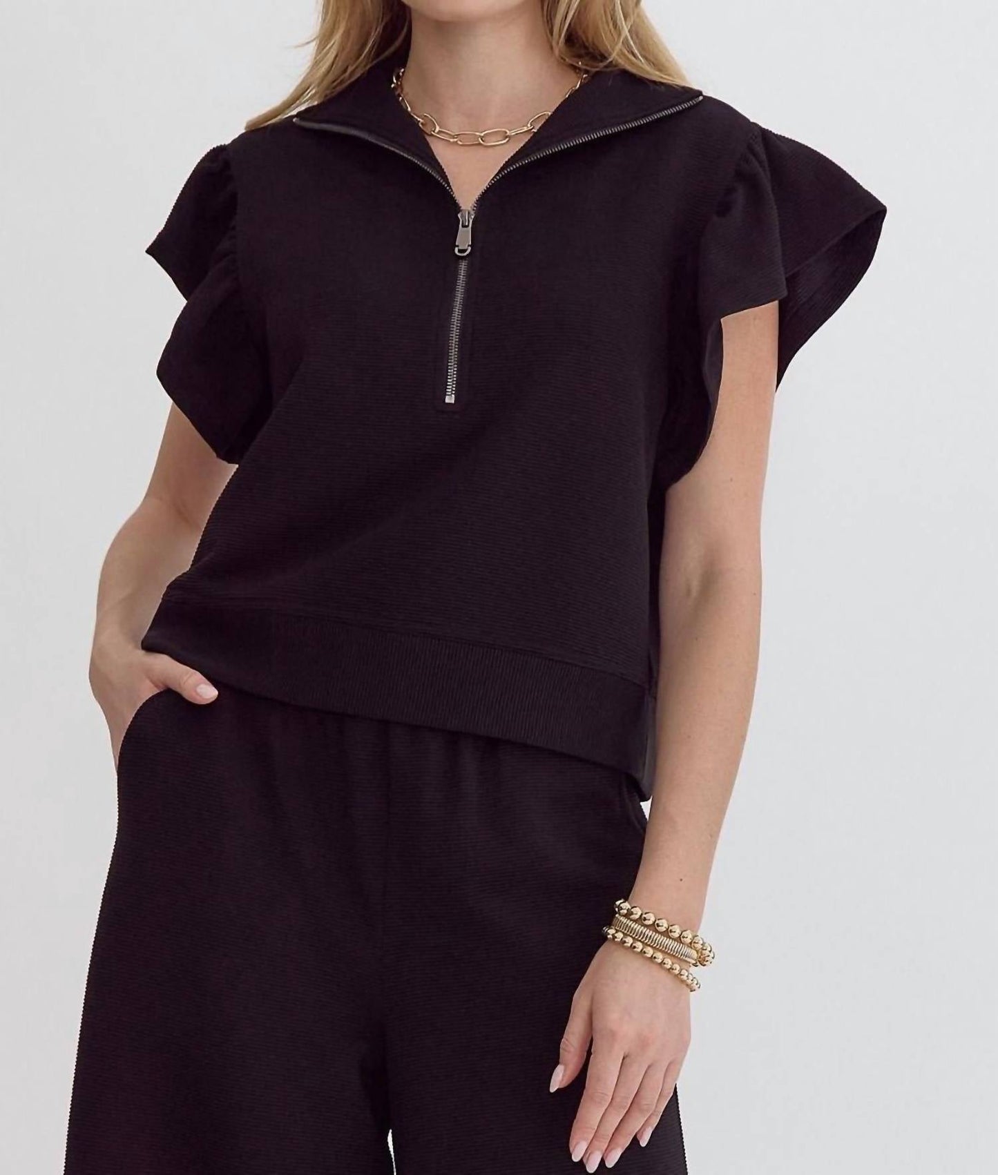 Entro - Half Zip Textured Flutter Sleeve Top