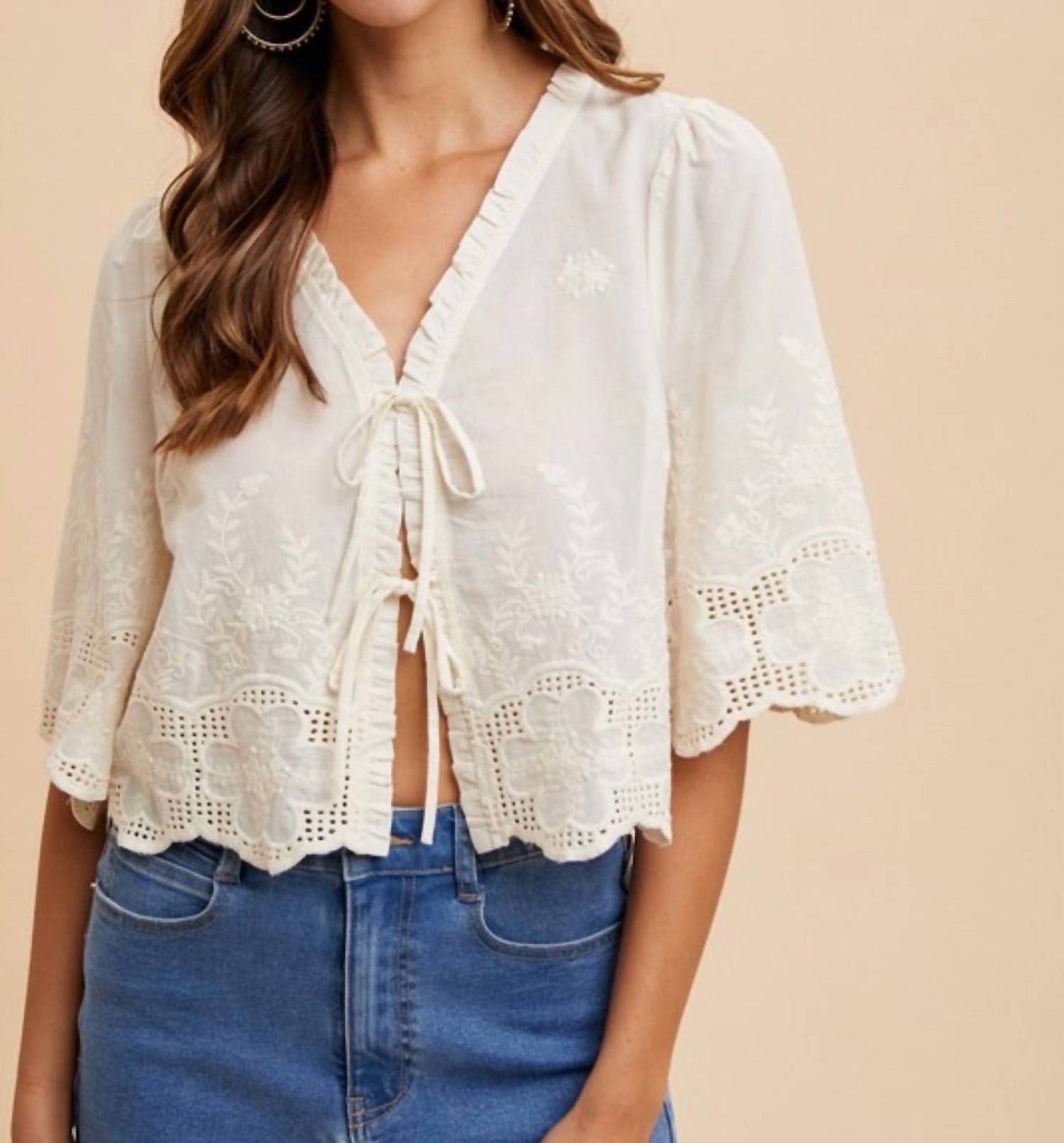 Anniewear - Tie Front Embroidered Blouse