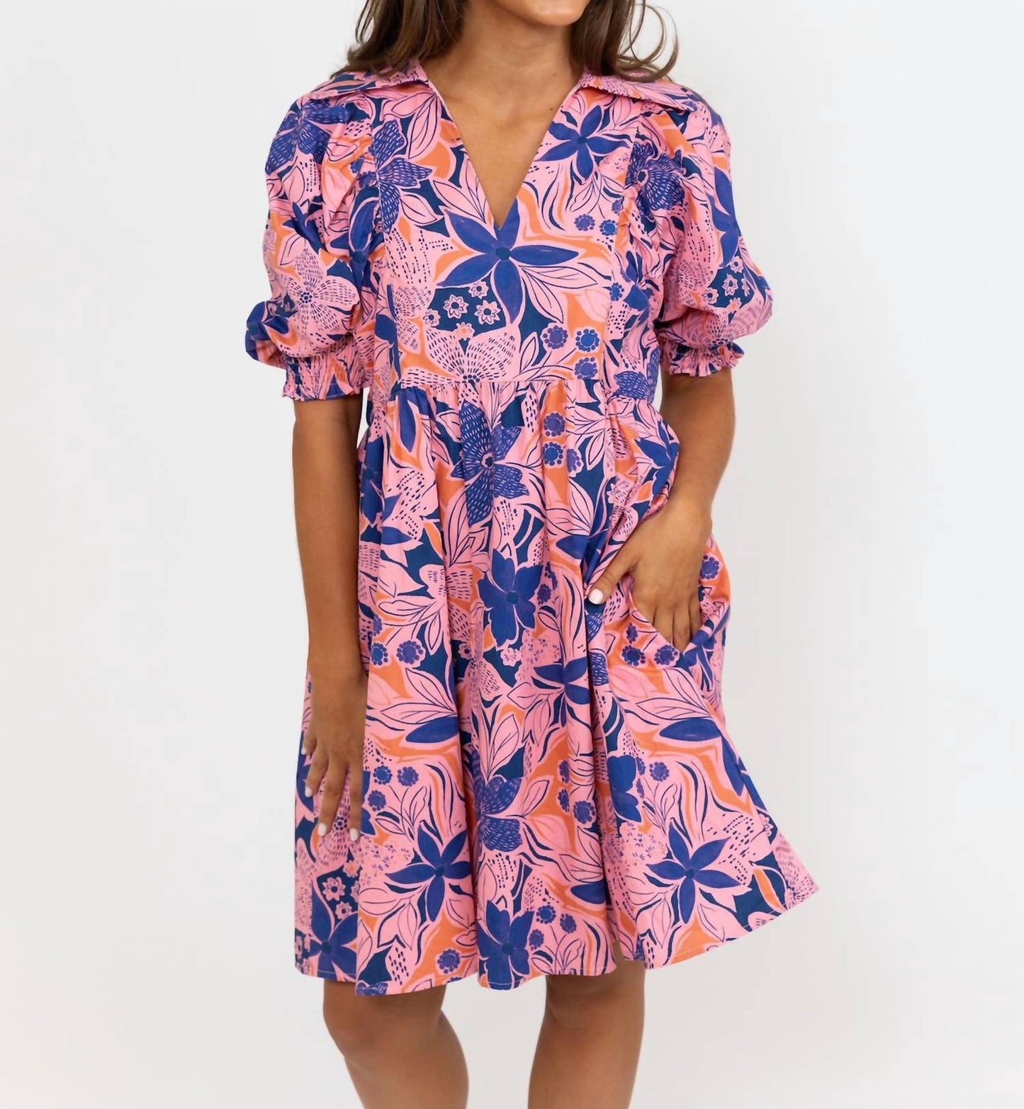 Karlie - Floral Poplin Puff Sleeve Collar Dress