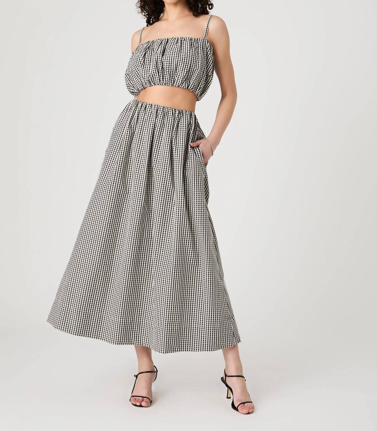 French Connection - Gingham Ruched Waist Midi Skirt