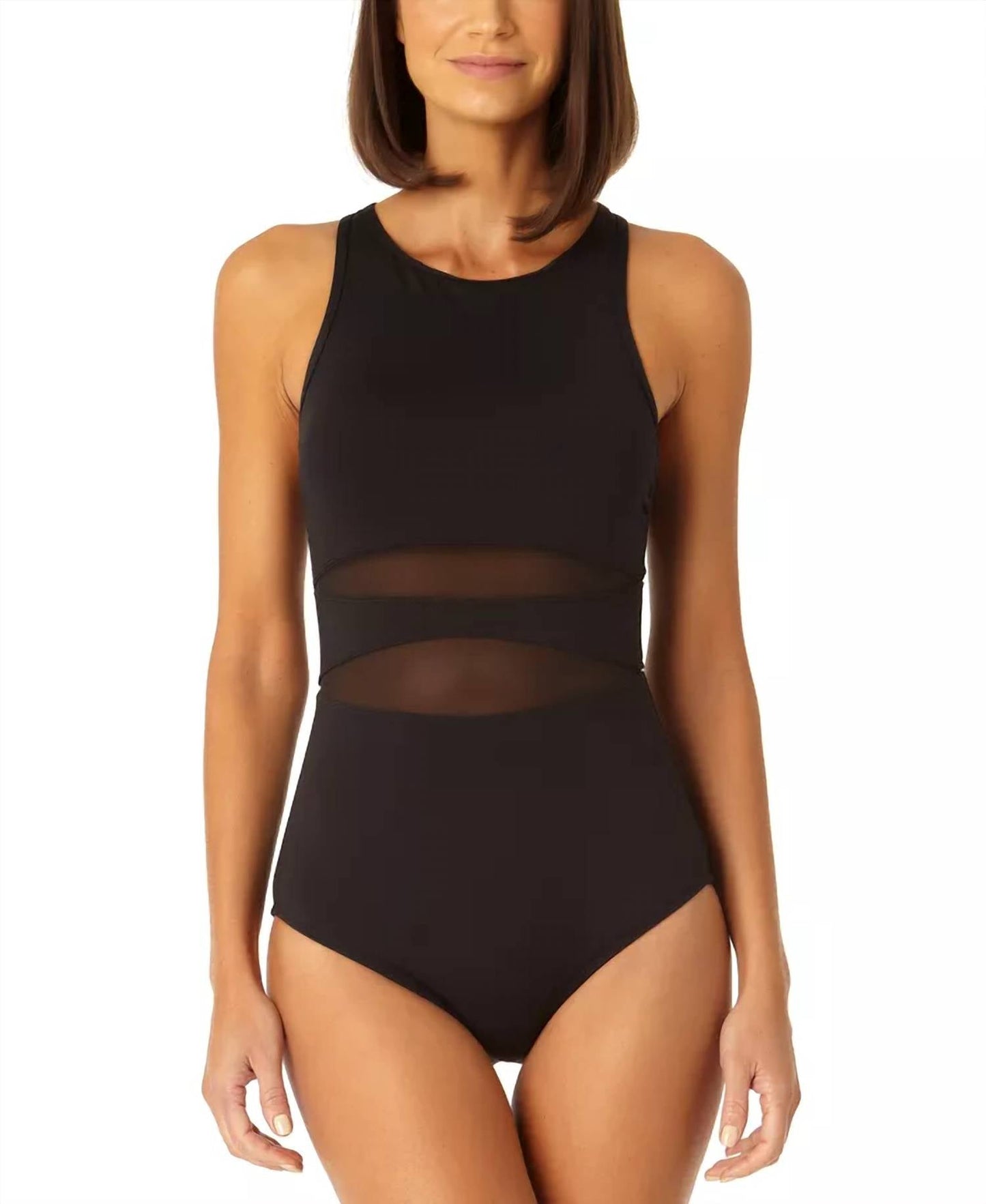 Anne Cole - High-neck Mesh-insert One-piece Swimsuit